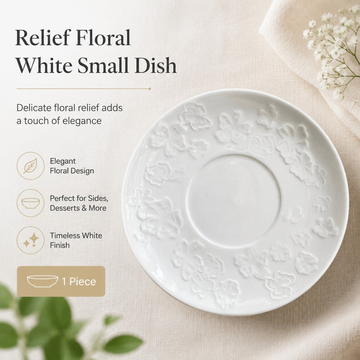Relief Floral White Small Dish, Ceramic Decorative Plate - detail 1
