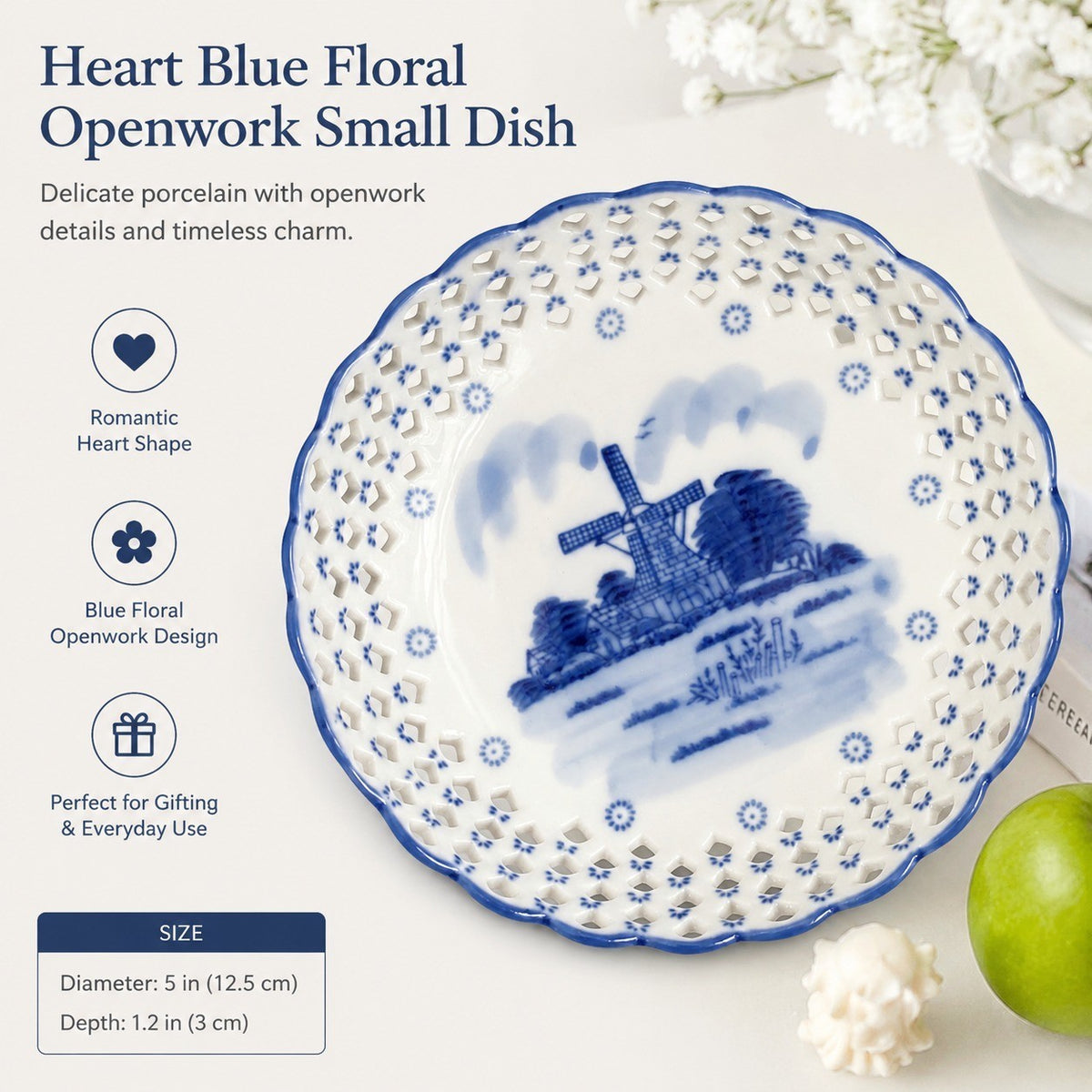 Heart Blue Floral Openwork Small Dish, 5 Inch Ceramic Decorative Plate - detail 3