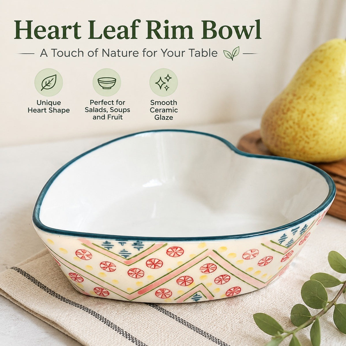 Heart Leaf Rim Green Bowl, Ceramic Decorative Serving Bowl - detail 3