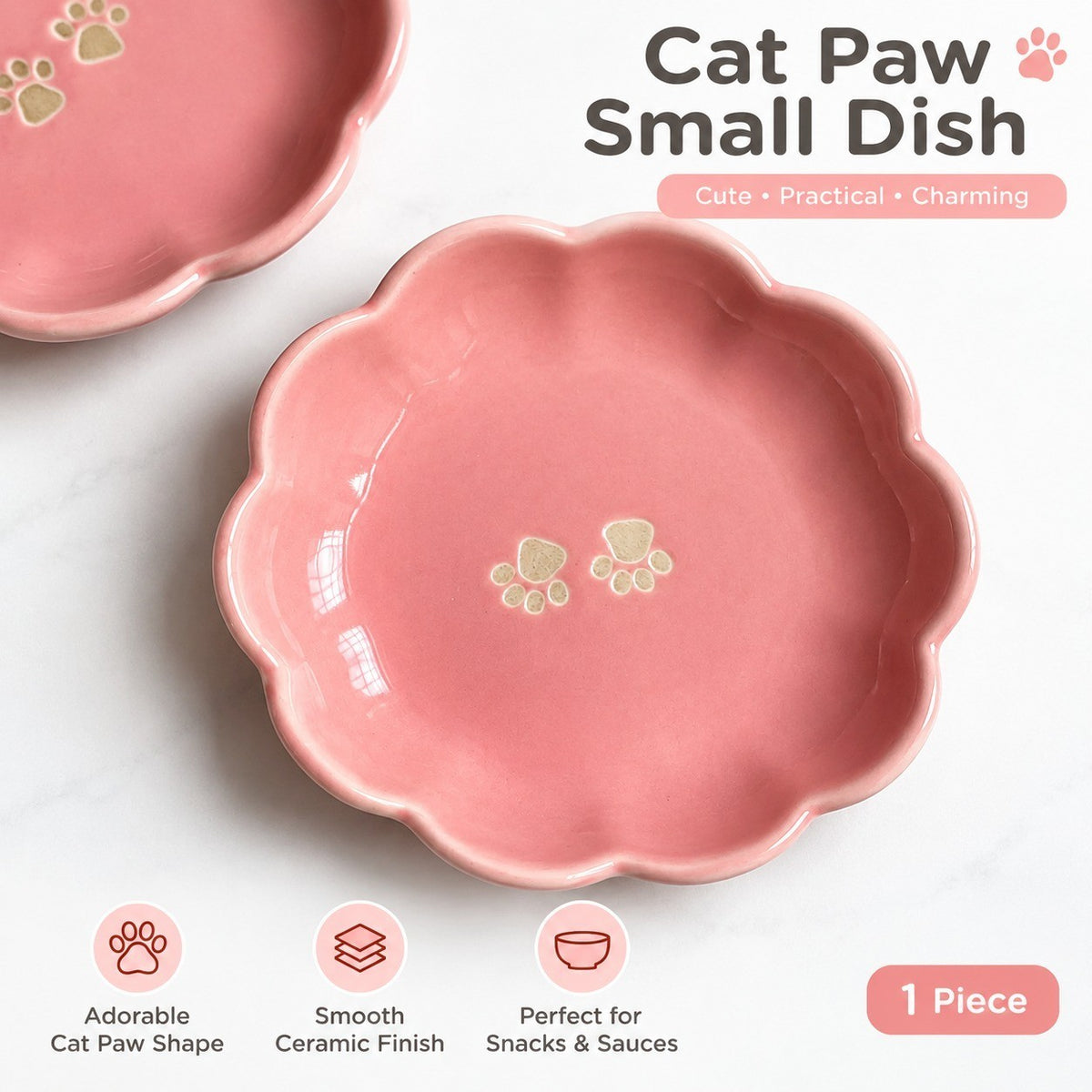 Cat Paw Pink Small Dish, 1 Piece, Cute Ceramic Plate - detail 3