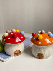Ceramic Fruit Fork Holder, Red Mushroom Design - detail 2