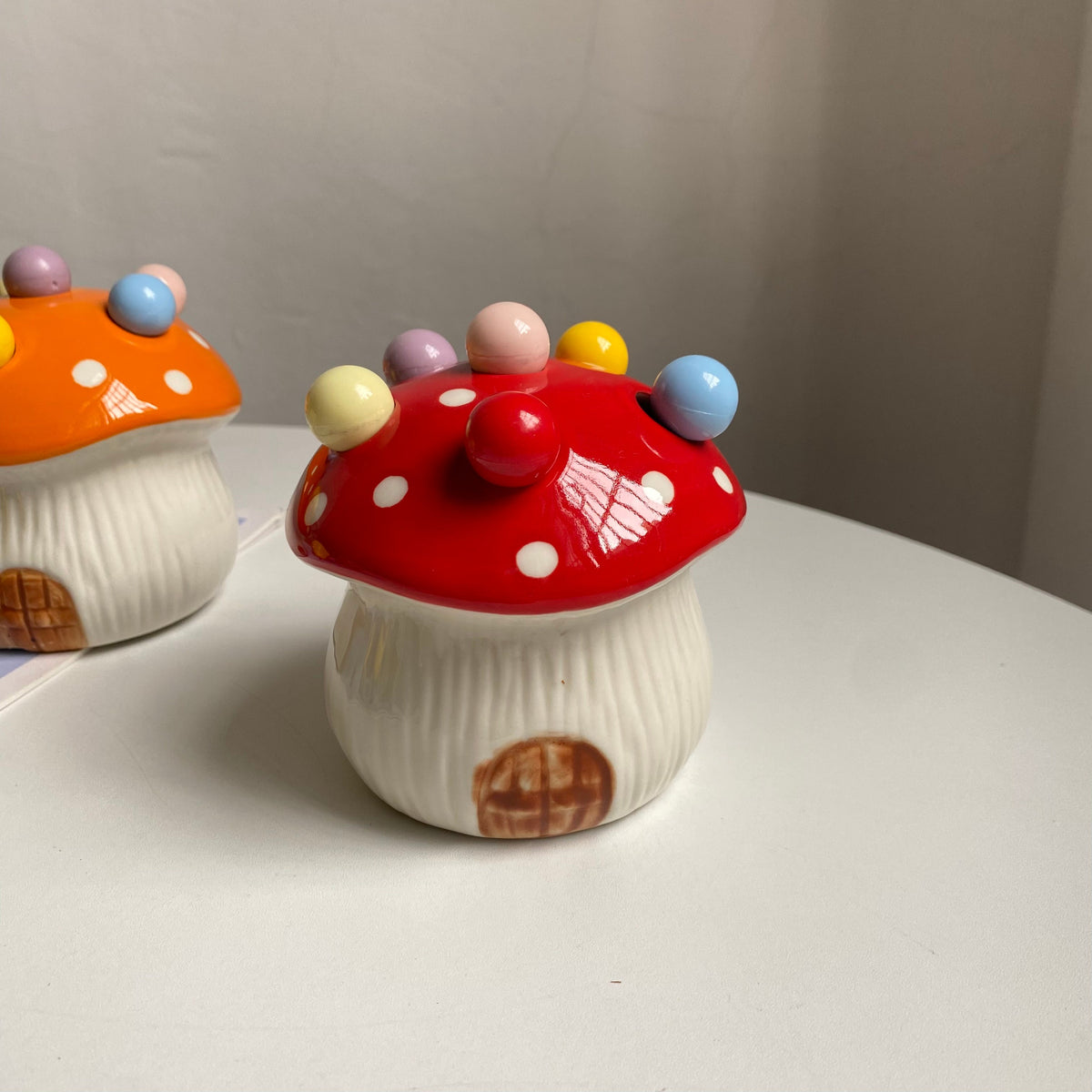 Ceramic Fruit Fork Holder, Red Mushroom Design - detail 1