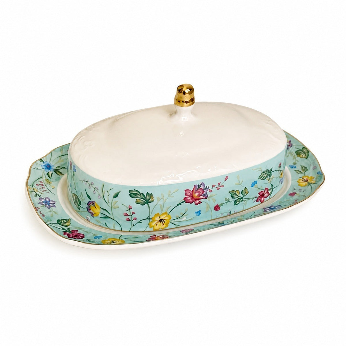 Ceramic Butter Dish, Blue Floral Design with Gold Detailing - product view 1