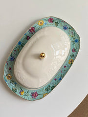 Ceramic Butter Dish, Blue Floral Design with Gold Detailing - detail 3