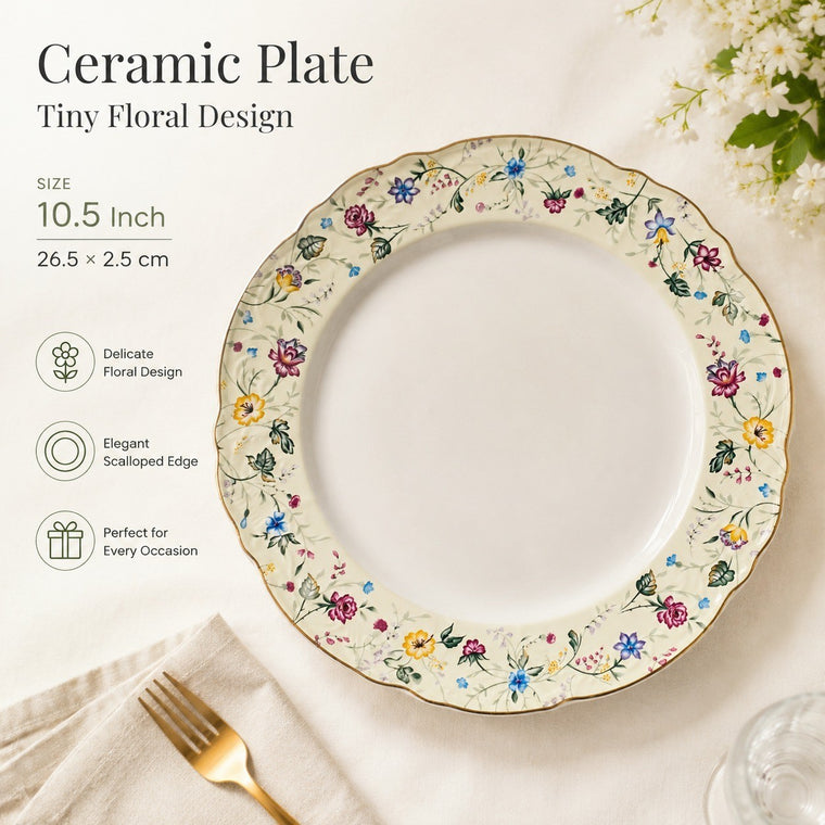 Ceramic Plate 10.5 Inch, Tiny Floral Design, 26.5 x 2.5 cm, Decorative Dinnerware - detail 1