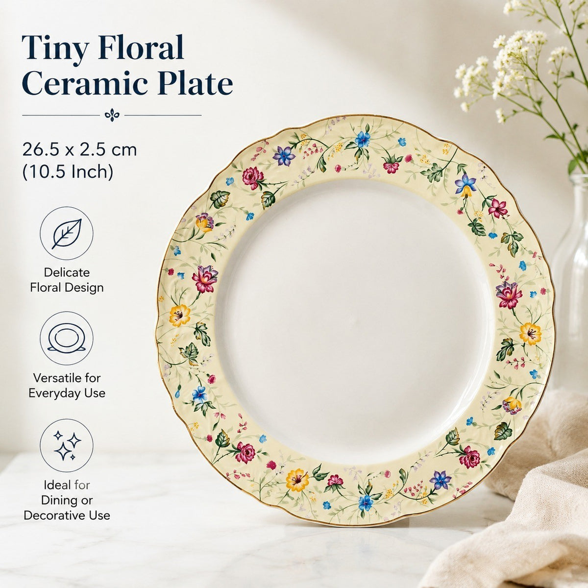 Ceramic Plate 10.5 Inch, Tiny Floral Design, 26.5 x 2.5 cm, Decorative Dinnerware - detail 2