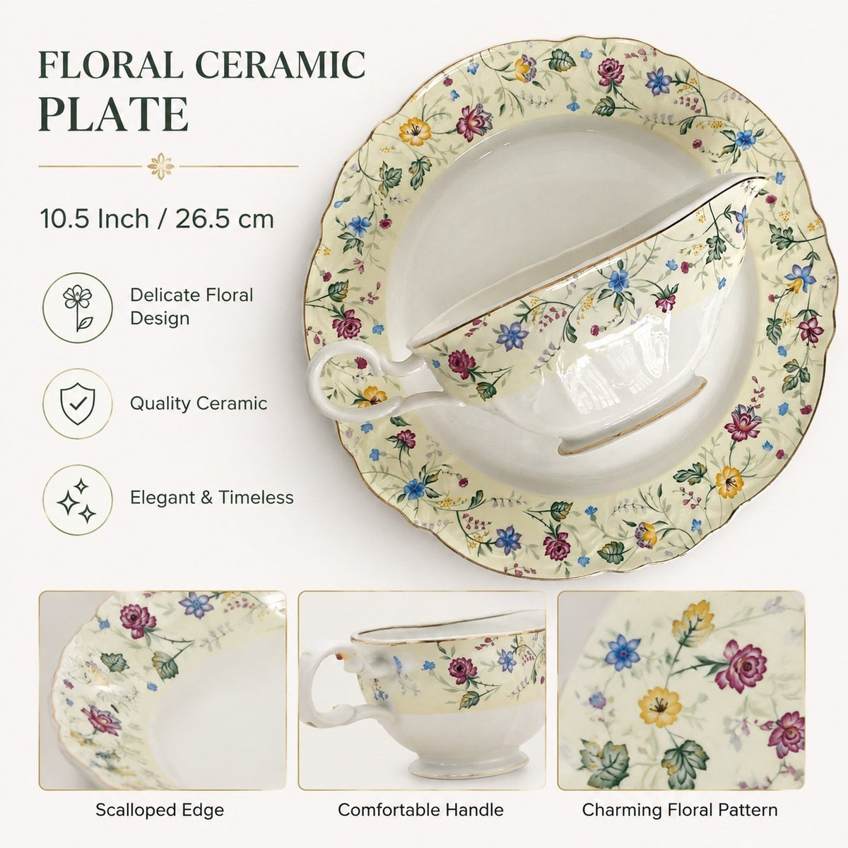 Ceramic Plate 10.5 Inch, Tiny Floral Design, 26.5 x 2.5 cm, Decorative Dinnerware - detail 3