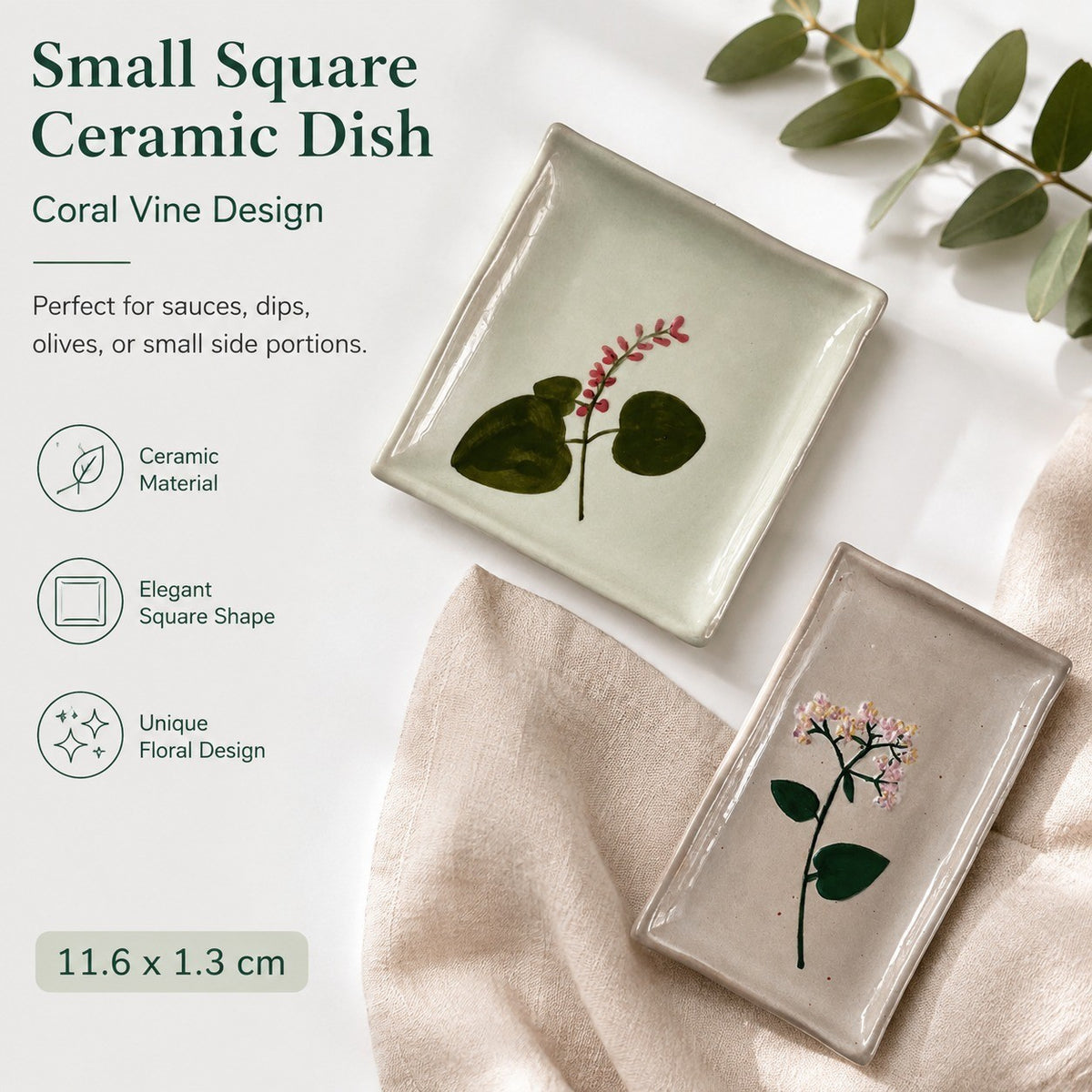 Small Square Ceramic Dish, Coral Vine Design, 11.6 x 1.3 cm - detail 2