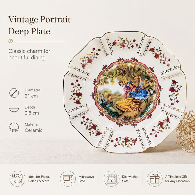 Ceramic Deep Plate 21 x 2.8 cm, Vintage Portrait Painting, Decorative Dinnerware - detail 1