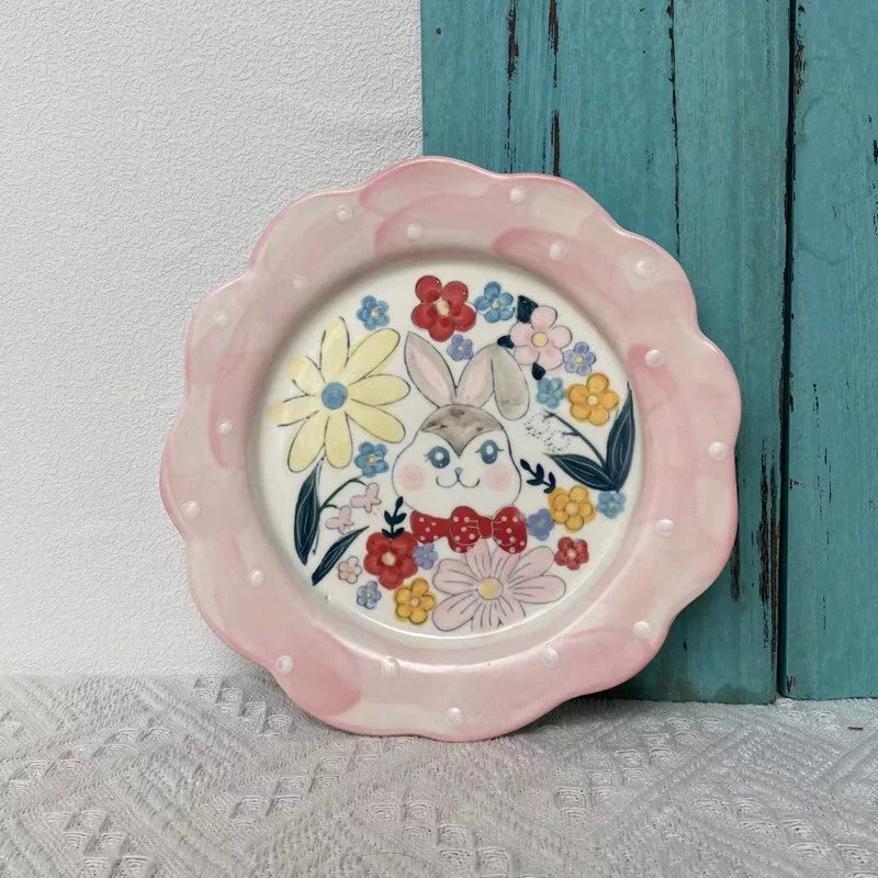 Ceramic Plate 20 x 2 cm, Gray Rabbit Floral Design, Decorative Dinnerware - detail 1