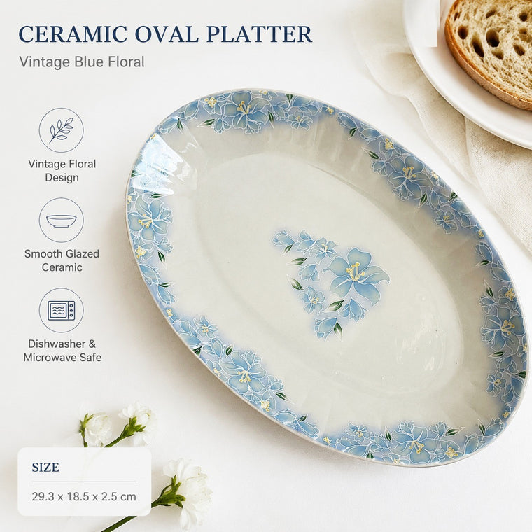 Ceramic Oval Platter, Vintage Blue Floral, 29.3 x 18.5 x 2.5 cm, Serveware - detail 1