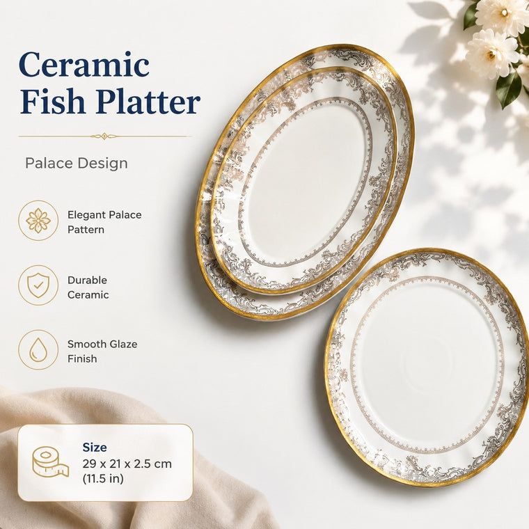 Ceramic Fish Platter, Palace Design, 11.5 Inch, 29 x 21 x 2.5 cm, Elegant Serveware - detail 1