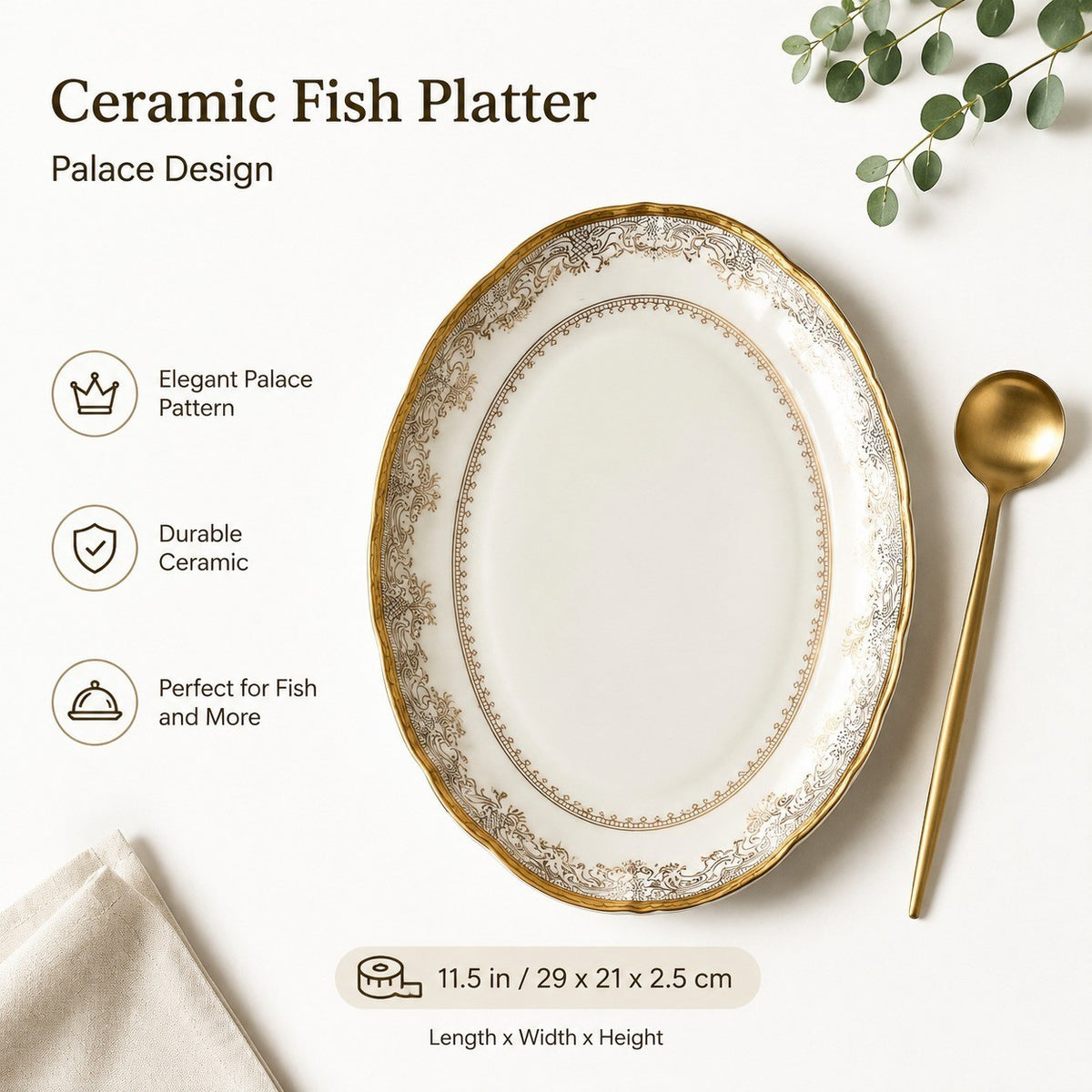 Ceramic Fish Platter, Palace Design, 11.5 Inch, 29 x 21 x 2.5 cm, Elegant Serveware - detail 3