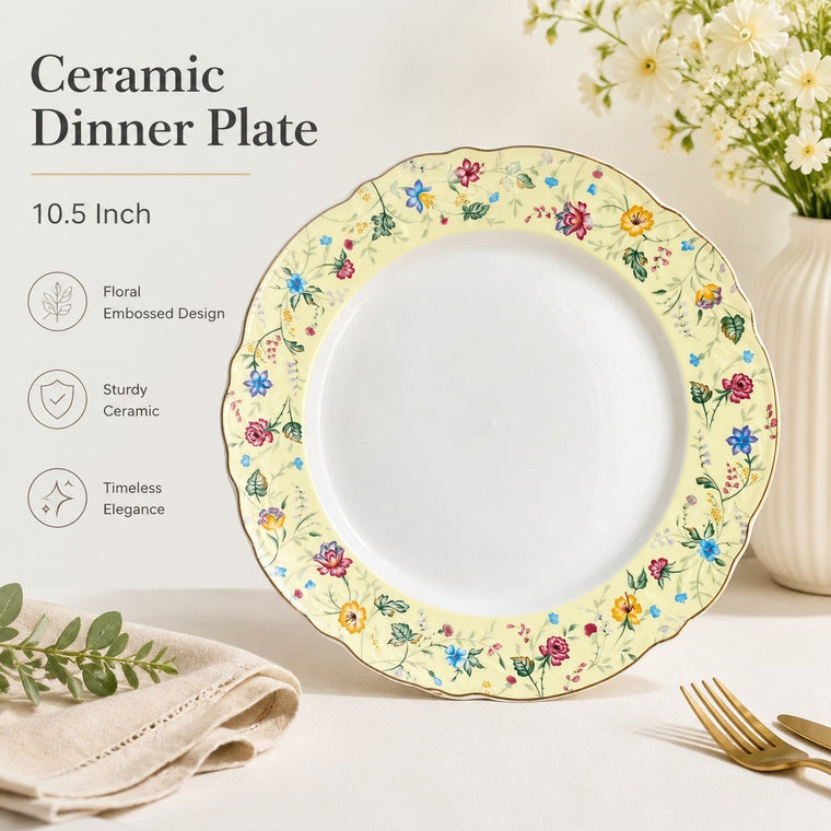 Ceramic Plate 10.5 in, Yellow Tiny Floral Embossed Design, Decorative Dinnerware - detail 1