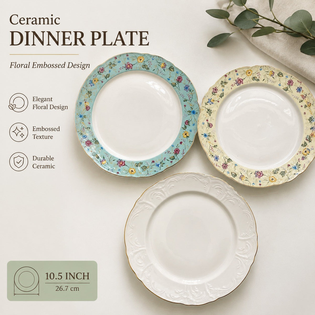 Ceramic Plate 10.5 in, Yellow Tiny Floral Embossed Design, Decorative Dinnerware - detail 2