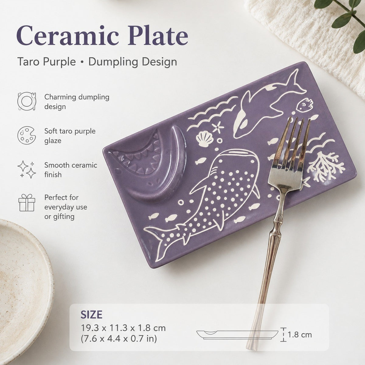 Ceramic Plate, Taro Purple Dumpling Design, 19.3 x 11.3 x 1.8 cm, Decorative Dinnerware - detail 3