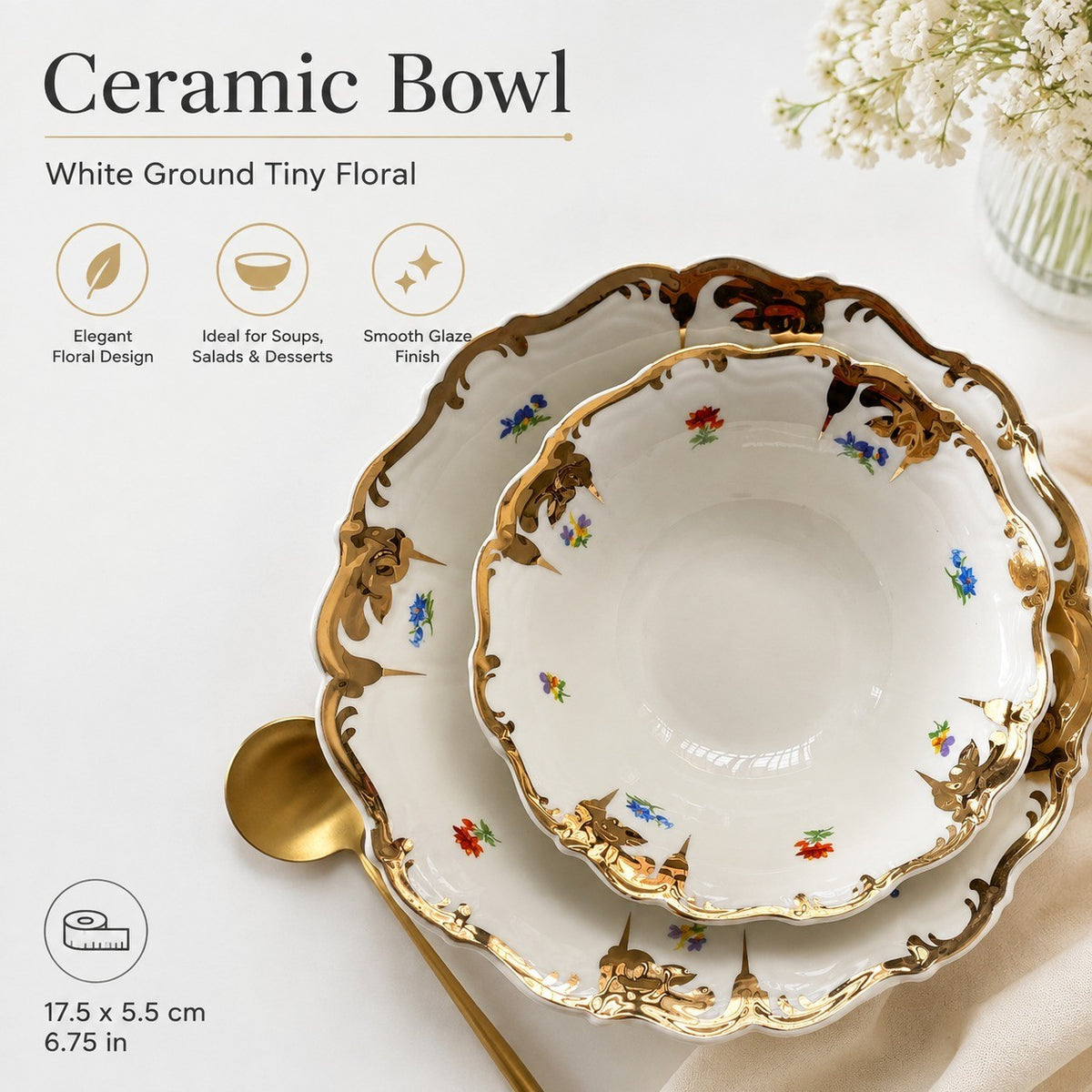 Ceramic Ceramic Plate 10 Inch, White Ground Tiny Floral, 25 x 2 cm - detail 3