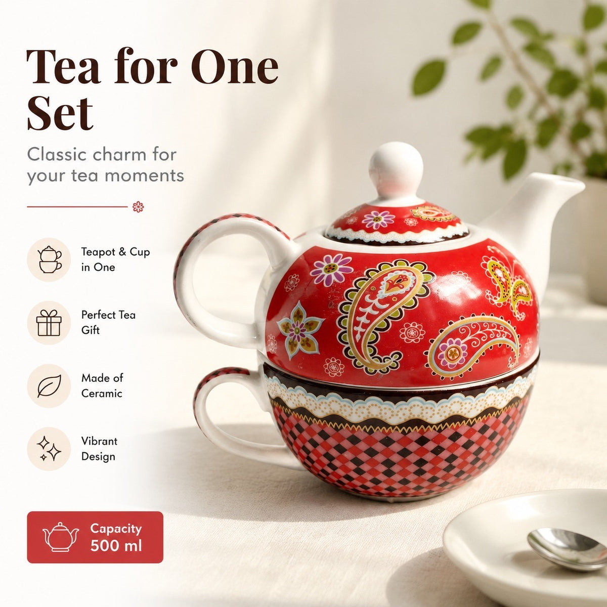Ceramic Tea-for-One Set, 500ml Teapot & Cup - detail 2