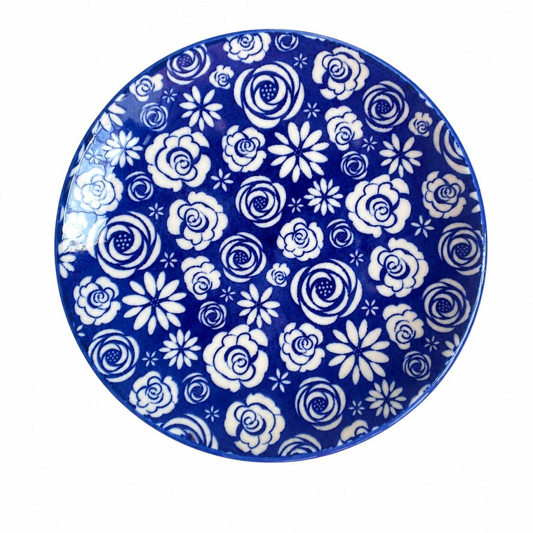 Blue Floral Rose Pattern Ceramic Plate, Decorative Dinnerware - product view 1