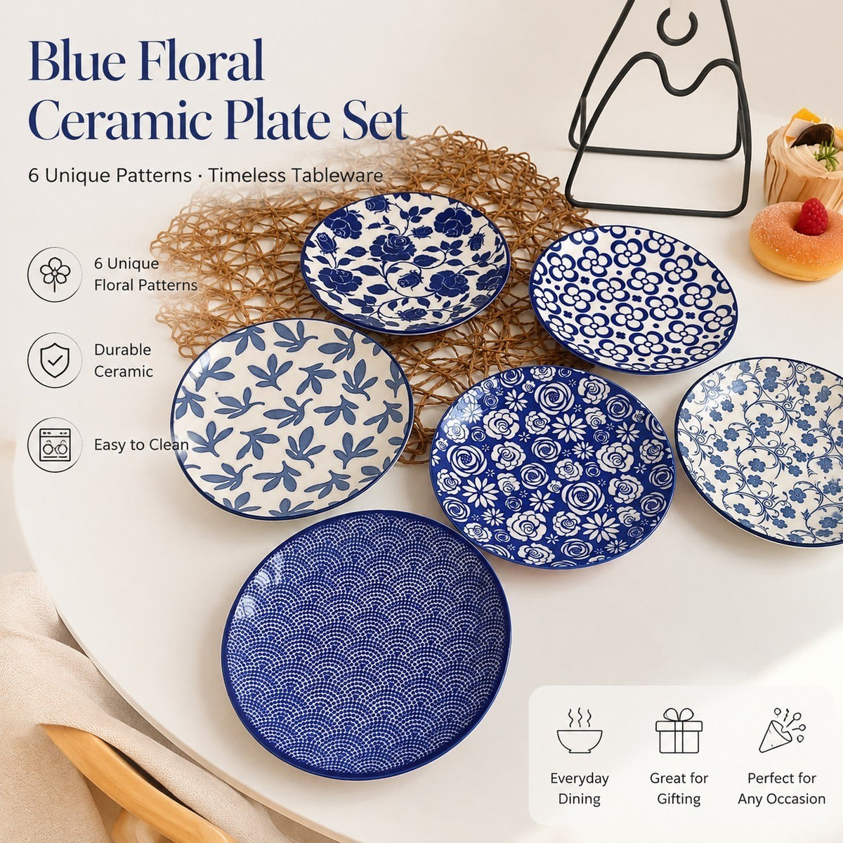Blue Floral Rose Pattern Ceramic Plate, Decorative Dinnerware - detail 2