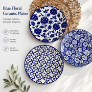 Blue Floral Rose Pattern Ceramic Plate, Decorative Dinnerware - detail 3