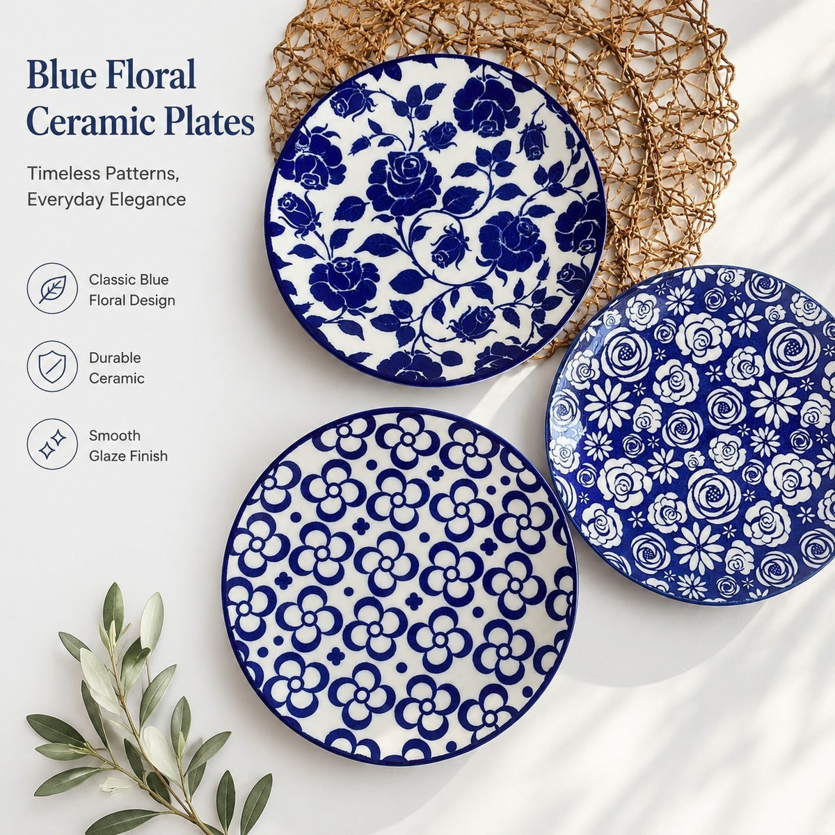 Blue Floral Rose Pattern Ceramic Plate, Decorative Dinnerware - detail 3