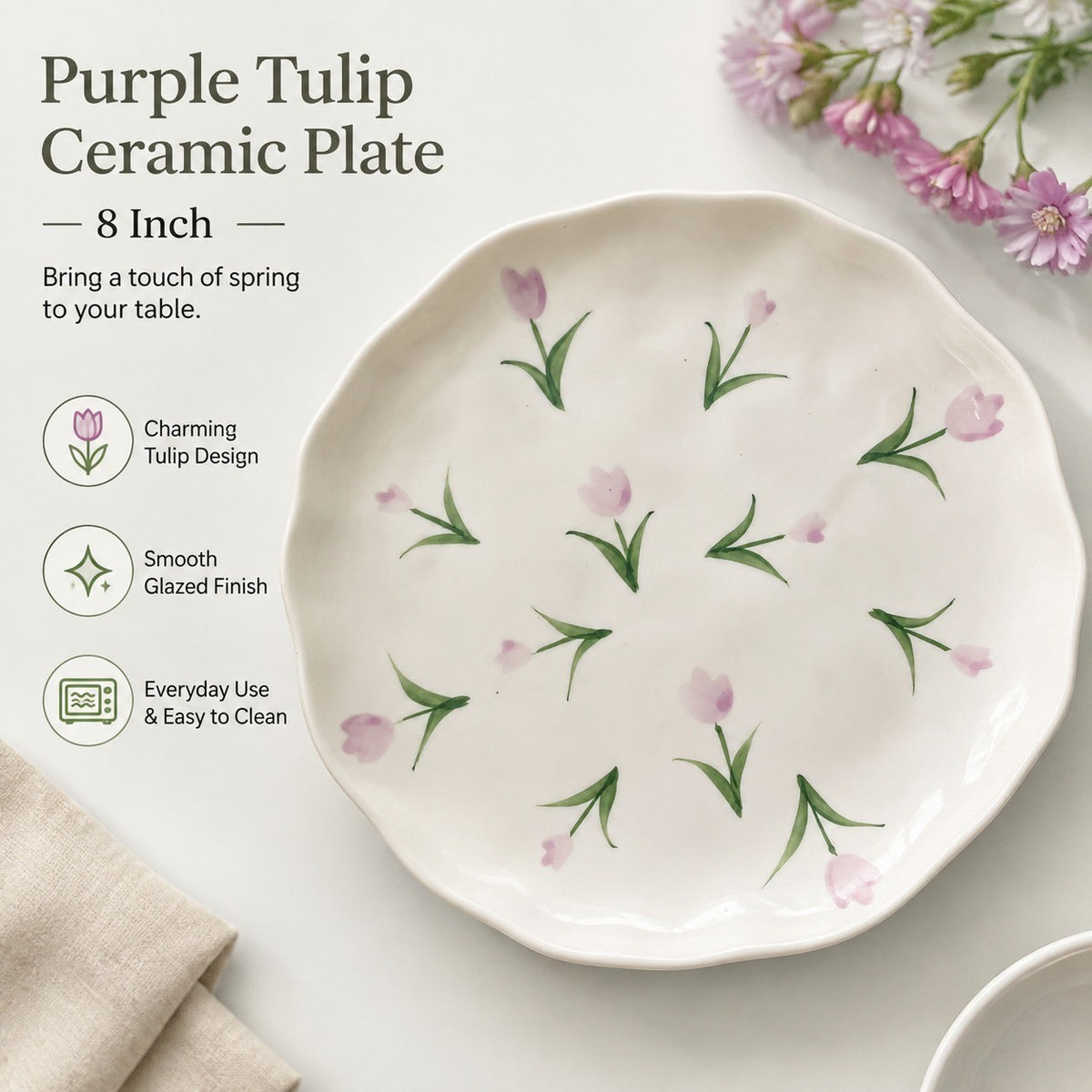 Ceramic Plate, Purple Tulip Design, 8 Inch, Decorative Dinnerware - detail 1