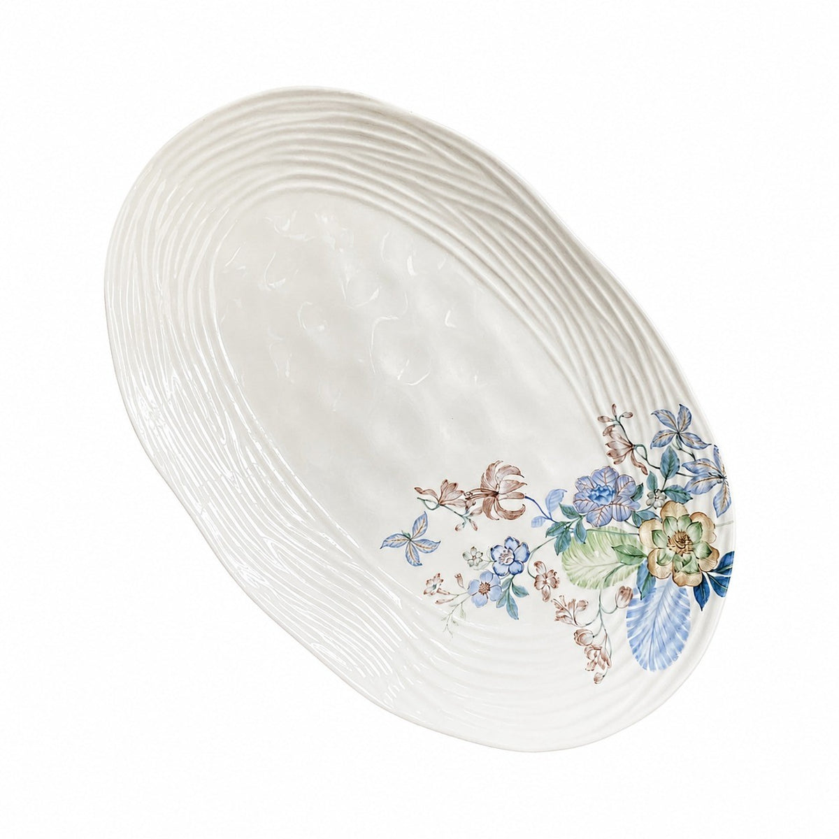 Small Blue Floral Cluster 12 in Oval Platter, Ceramic Serving Tray - product view 1