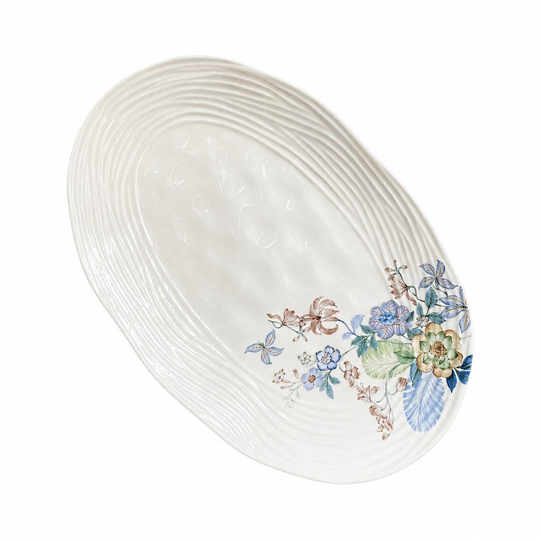 Small Blue Floral Cluster 12 in Oval Platter, Ceramic Serving Tray - product view 1