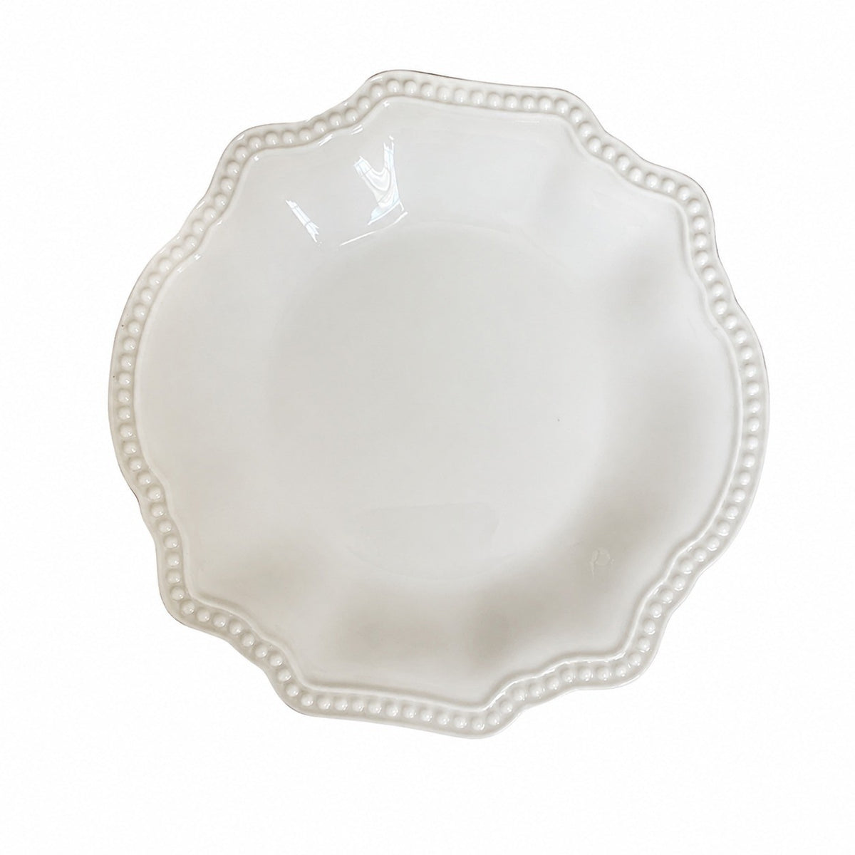 Beaded White Ceramic Plate, Relief Detailing - product view 2