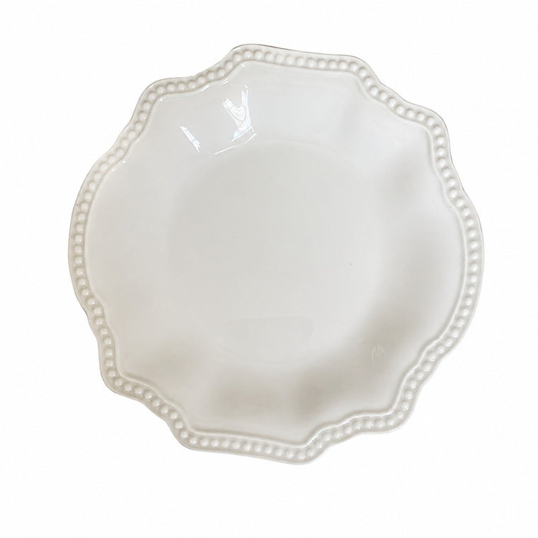 Beaded White Ceramic Plate, Relief Detailing - product view 2