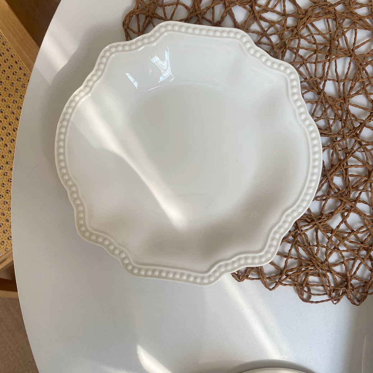 Beaded White Ceramic Plate, Relief Detailing - detail 1
