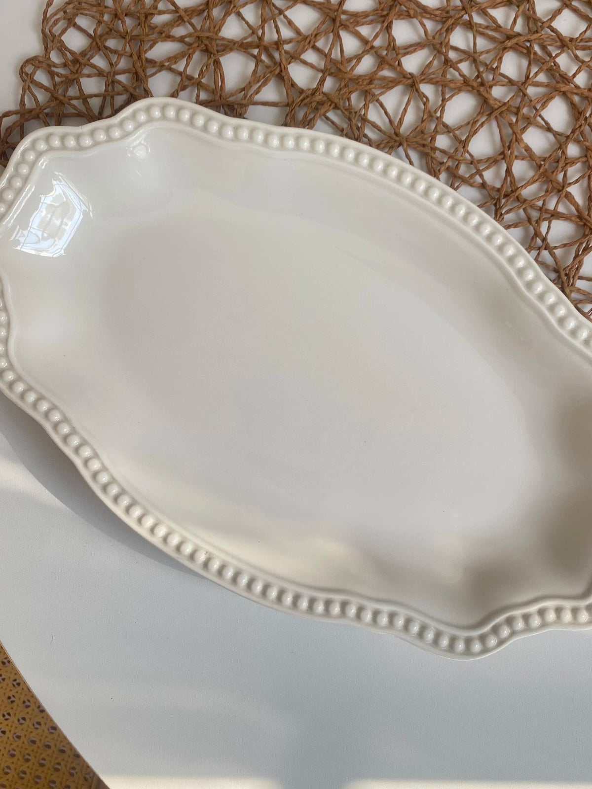 Beaded White Ceramic Plate, Relief Detailing - detail 3