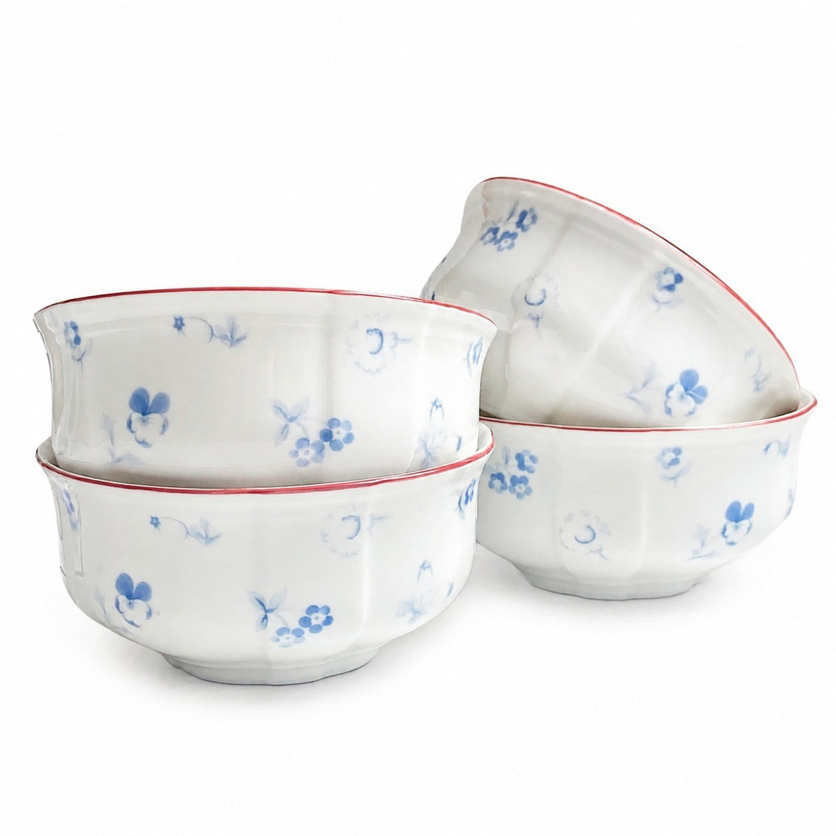 Red-Rimmed Blue Floral Rice Bowl, V Style, 4.75 Inch - product view 1