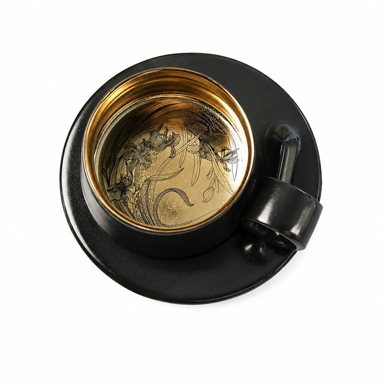 Engraved Ceramic Coffee Cup and Saucer, Iris Design - product view 1