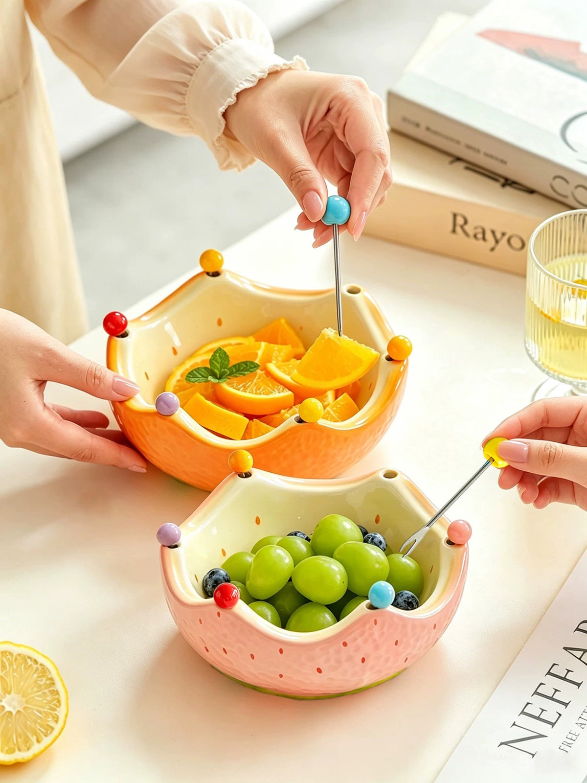Crown Fruit Fork Bowl Set, Orange, 6 Forks, Ceramic Bowl - detail 2