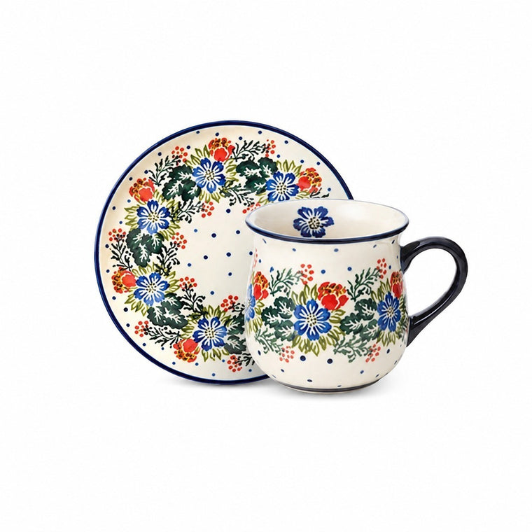 Floral Coffee Cup and Saucer, Ceramic, Hand-Painted, Floral Wreath - product view 1
