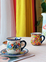 Floral Coffee Cup and Saucer, Ceramic, Hand-Painted, Floral Wreath - detail 2
