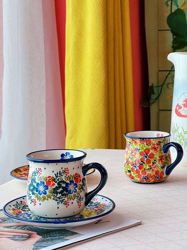 Floral Coffee Cup and Saucer, Ceramic, Hand-Painted, Floral Wreath - detail 2