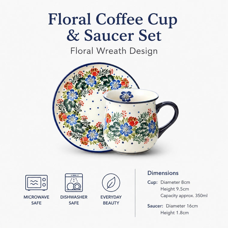Floral Coffee Cup and Saucer, Ceramic, Hand-Painted, Floral Wreath - detail 1