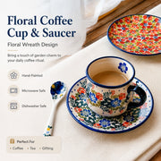 Floral Coffee Cup and Saucer, Ceramic, Hand-Painted, Floral Wreath - detail 3