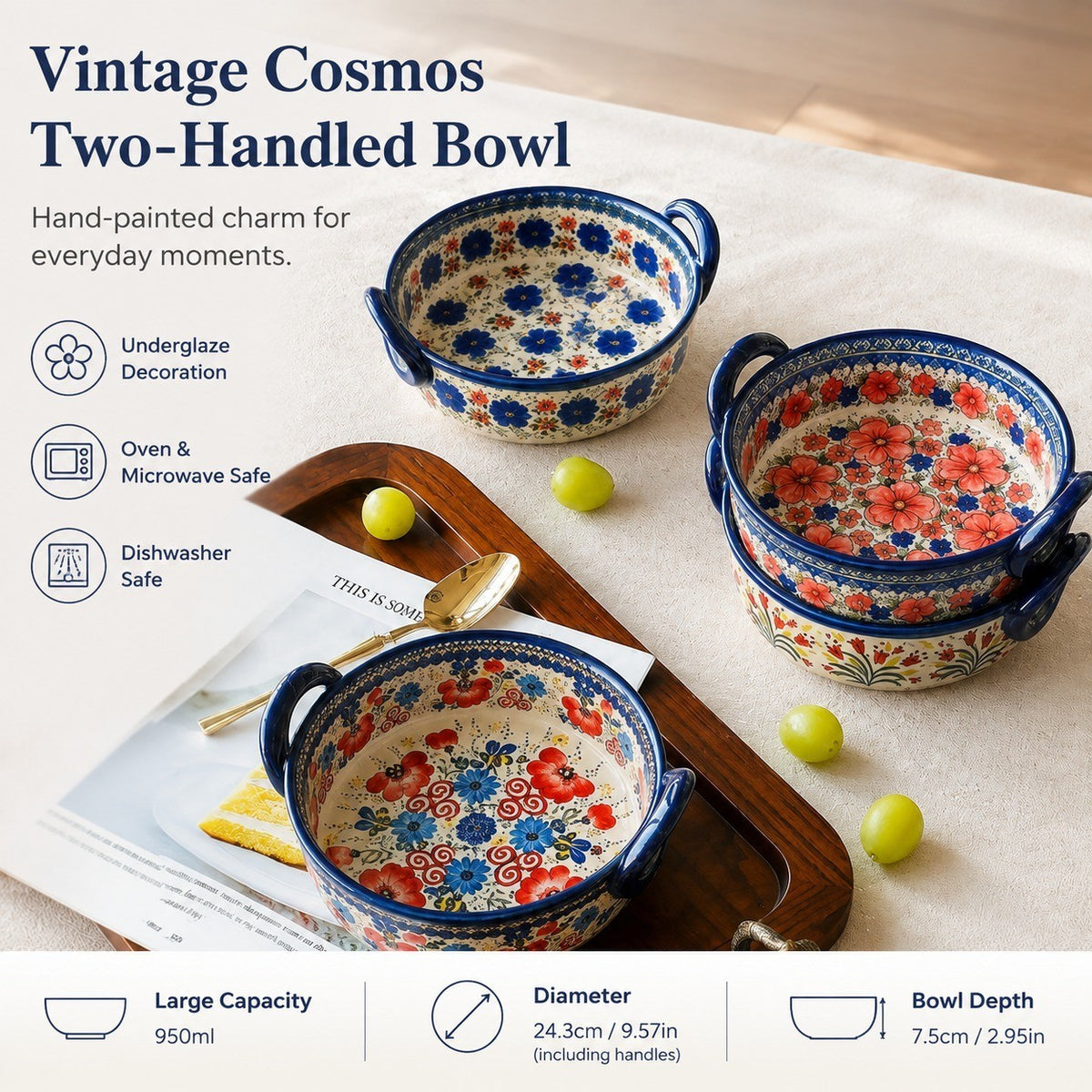 Underglaze Porcelain Two-Handled Deep Bowl, 950ml - detail 1