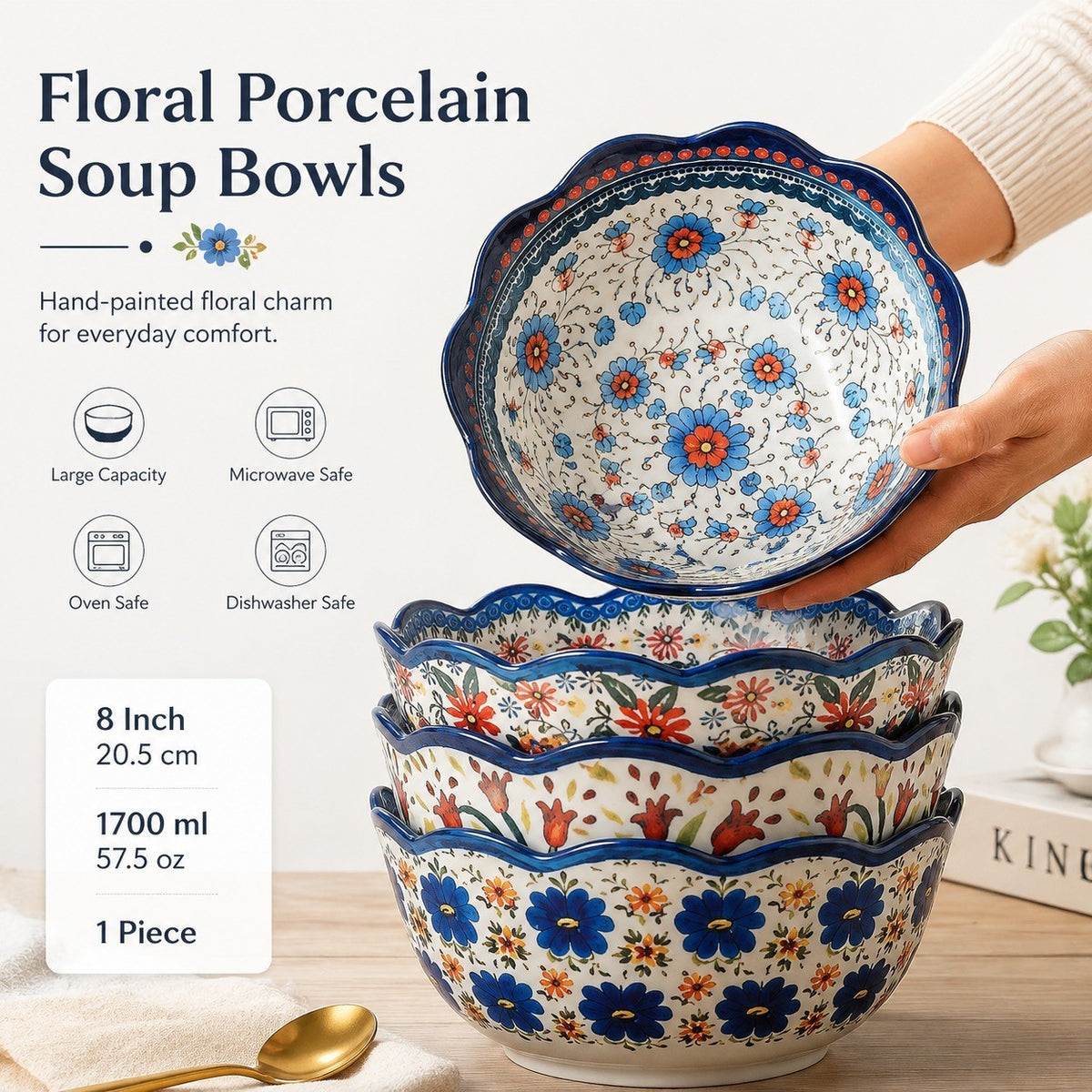 Large Porcelain Soup Bowl, 8 in 1700 ml, Floral Underglaze - detail 1
