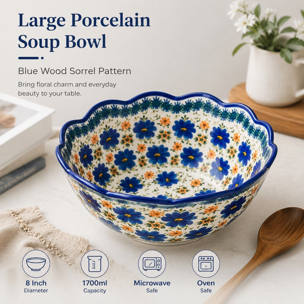 Large Porcelain Soup Bowl, 8 in 1700 ml, Floral Underglaze - detail 2