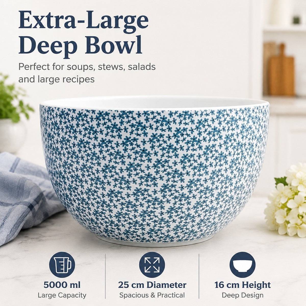 Extra-Large Deep Soup Bowl, Blue, 5000 ml, Spring Florals, Ceramic Bowl - detail 1