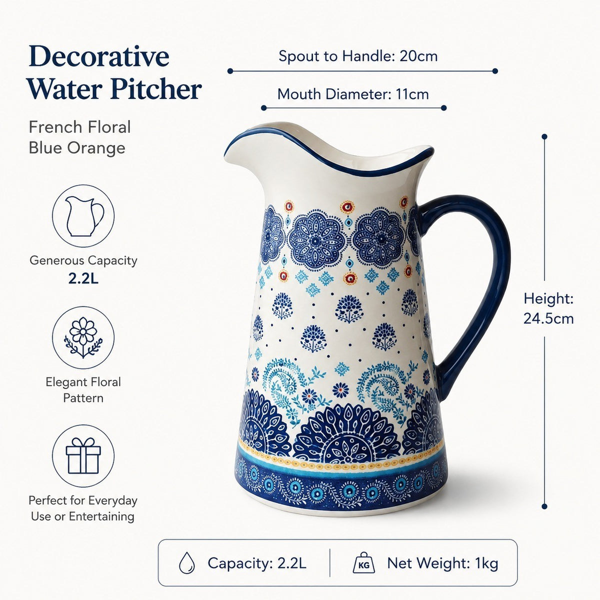 Decorative Water Pitcher, 2200 ml, Porcelain - detail 1