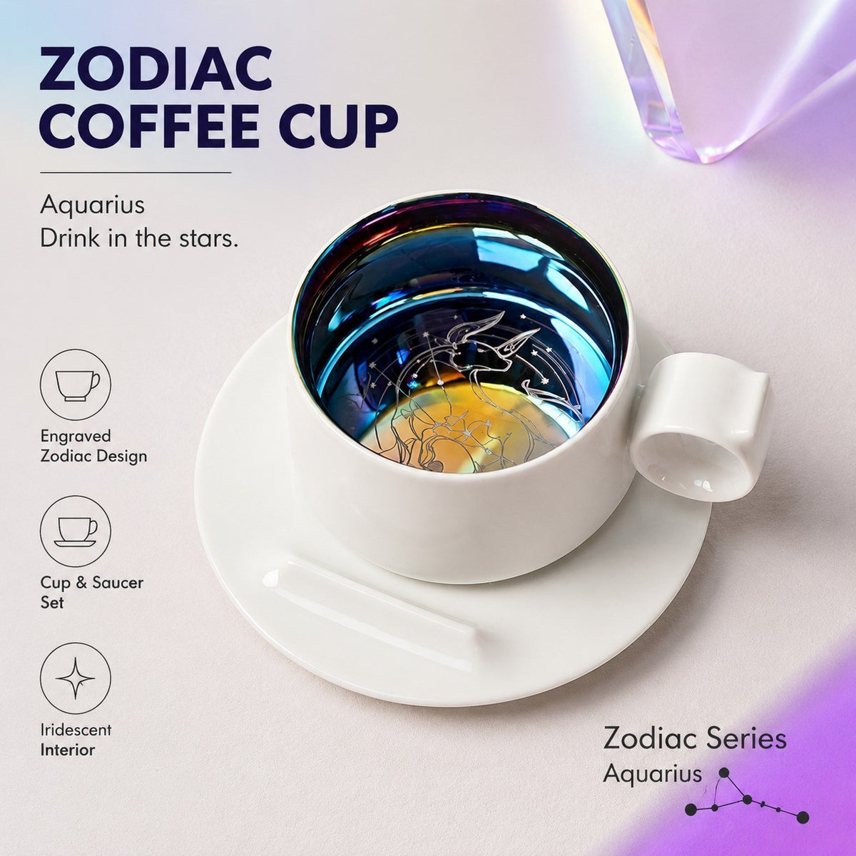 Zodiac Coffee Cup and Saucer Set, Frost White, Engraved Ceramic - detail 2