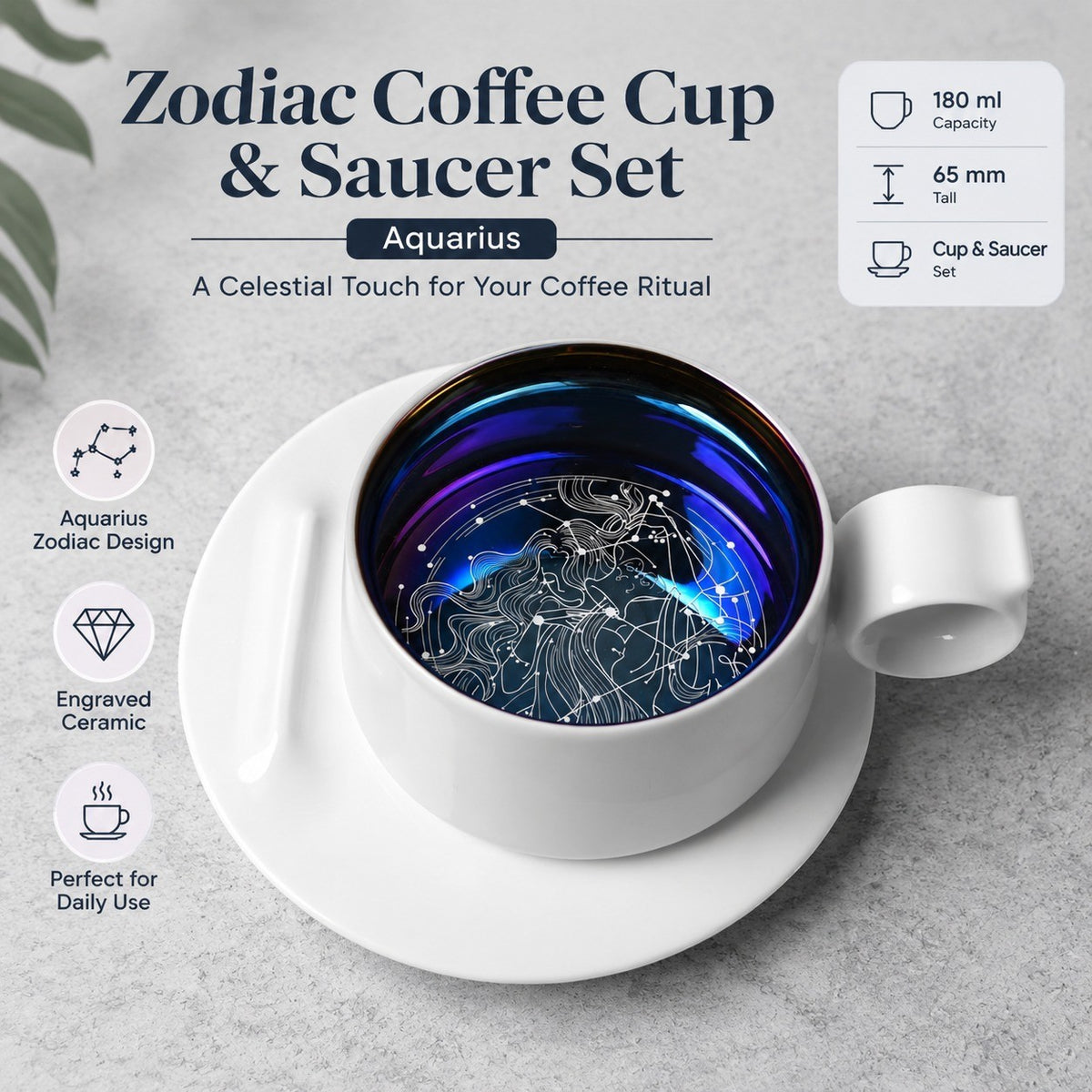 Zodiac Coffee Cup and Saucer Set, Frost White, Engraved Ceramic - detail 1