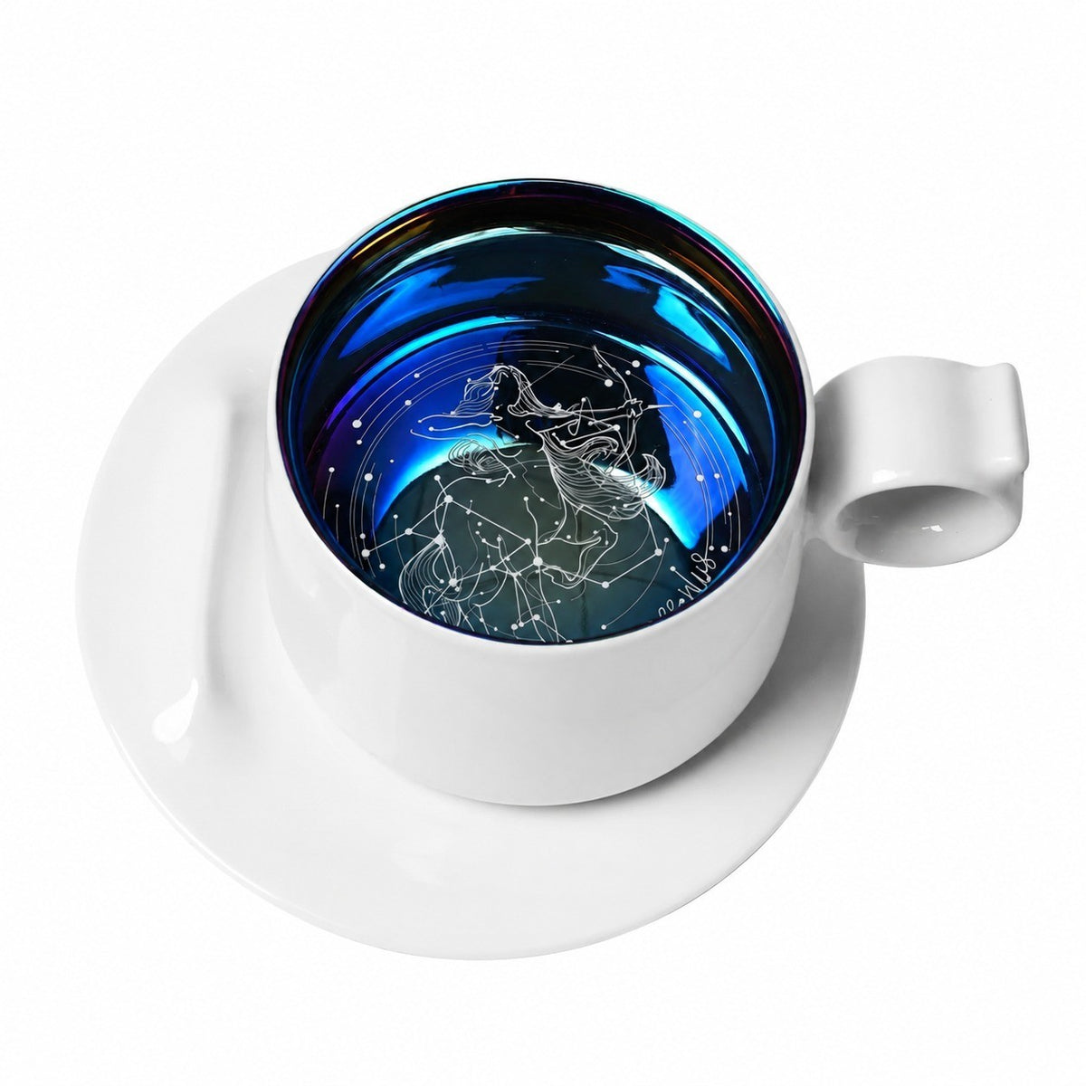Zodiac Coffee Cup and Saucer Set, Frost White, Engraved Ceramic - product view 3