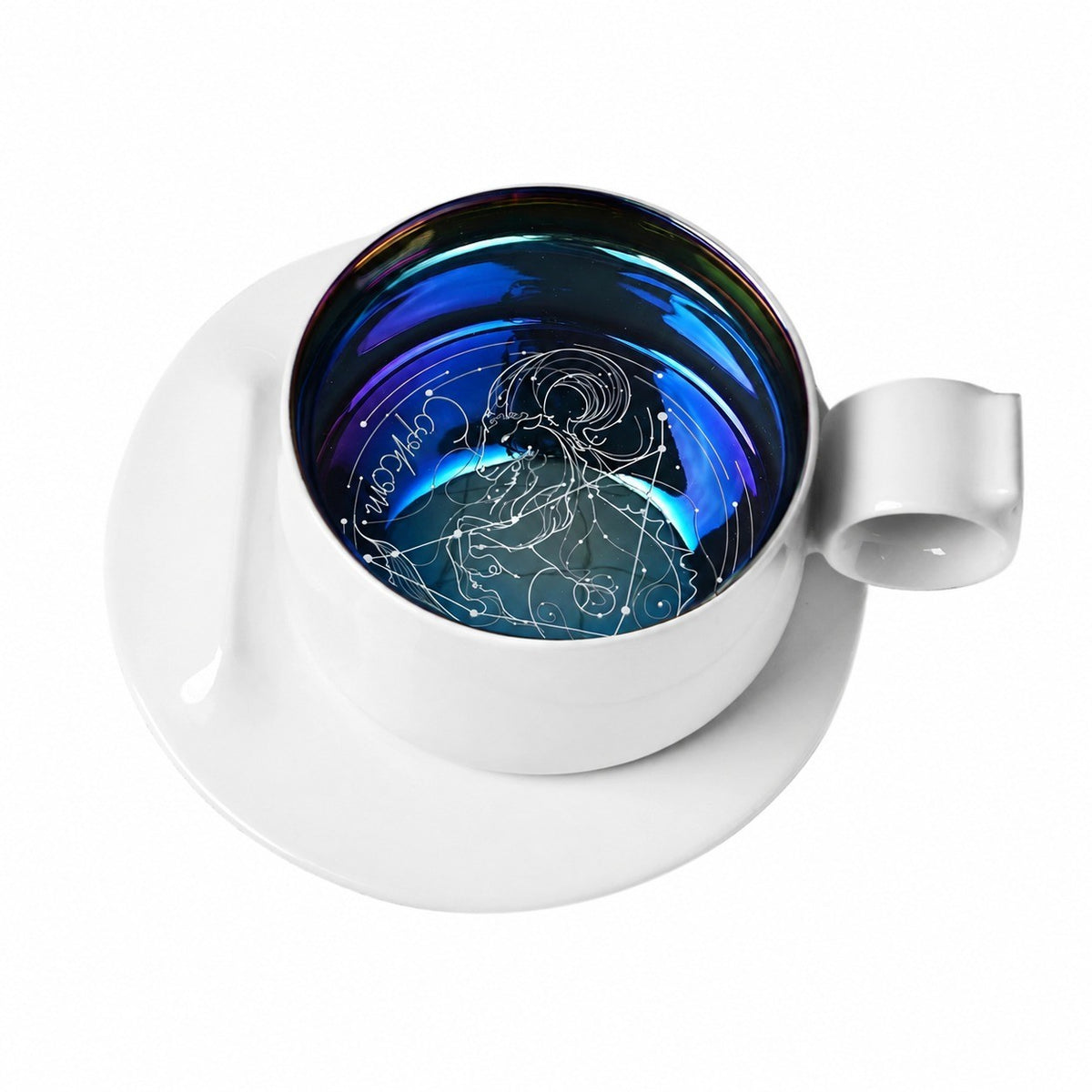 Zodiac Coffee Cup and Saucer Set, Frost White, Engraved Ceramic - product view 5